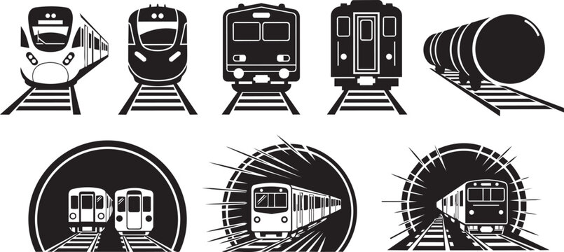 Modern trains and freight cars traveling on tracks in graphic silhouettes