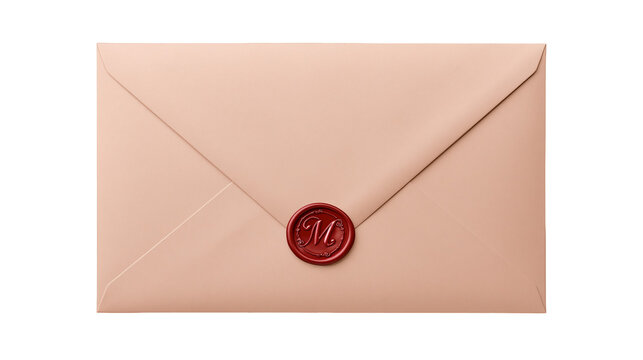 Peach colored envelope sealed with a red wax seal featuring the letter M, isolated on transparent background