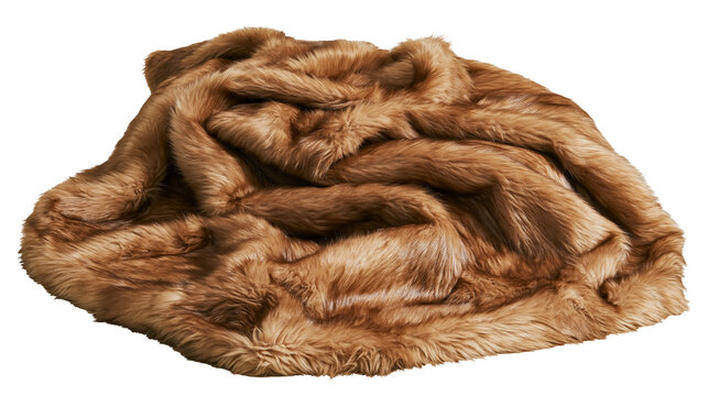 Plush brown faux fur throw blanket soft and cozy texture, isolated on transparent background