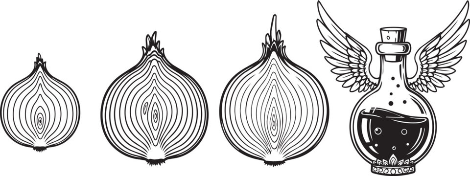 Onion Halves progressing to a winged potion bottle against a white backdrop
