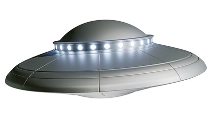 Sleek silver flying saucer with glowing lights, isolated on transparent background © Mia