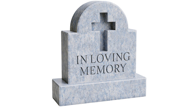 Granite tombstone with carved cross and In Loving Memory inscription, isolated on transparent background