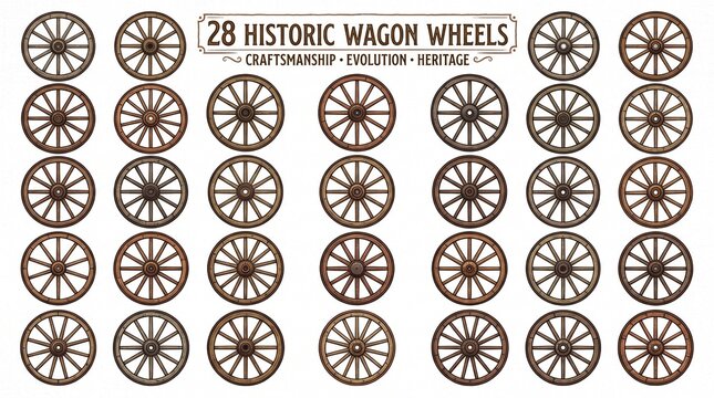 Historic wagon wheels in varied designs, symbolizing craftsmanship, evolution, and transportation heritage in rustic illustrative style.