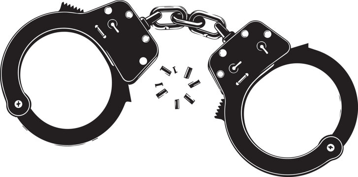 Open handcuffs with broken chain links against a white background symbolizing freedom and escape