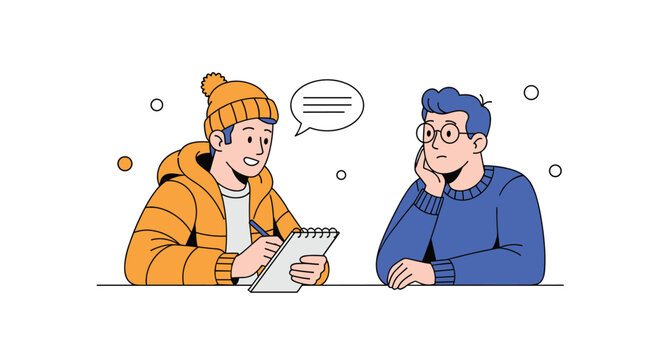 Young journalist in a yellow jacket taking notes while interviewing a pensive man wearing glasses in a professional communication scene.