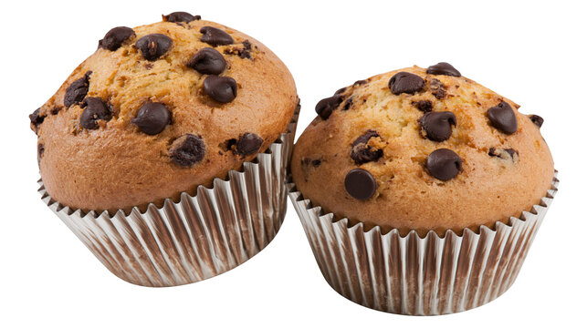 Two golden brown chocolate chip muffins in silver foil wrappers, isolated on transparent background