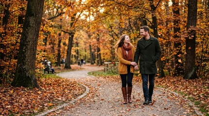 Fototapeta premium Couple walking together in an autumn park with colorful falling leaves, romantic lifestyle scene with peaceful character