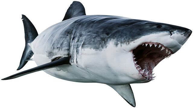 Great white shark with open mouth and sharp teeth, isolated on transparent background