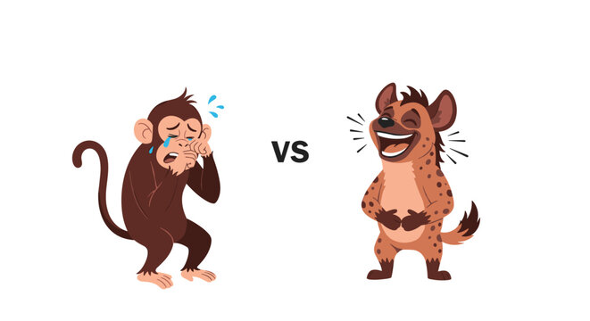Comparison between a crying monkey and a laughing hyena separated by a vs text symbolizing opposite emotions and reactions.