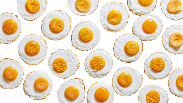 Many fried eggs with golden yolks and white whites, isolated on transparent background