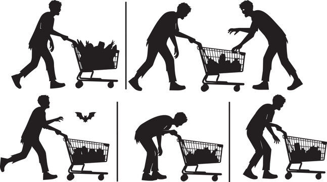 Silhouette figures pushing shopping carts filled with objects against a white background