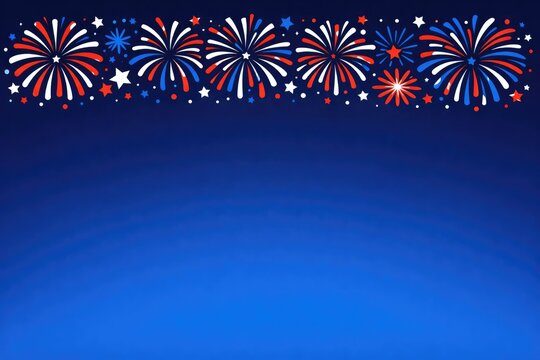 Patriotic fireworks border on blue gradient background, Fourth of July celebration banner, copy space