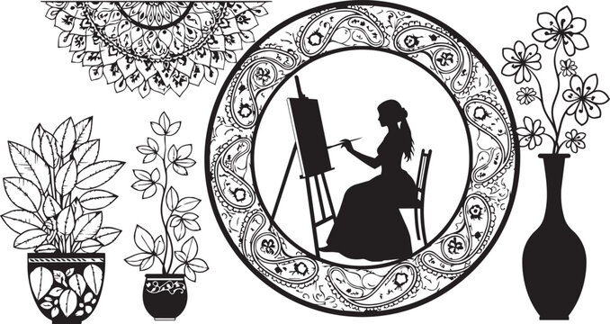 Silhouette of an artist painting at an easel within an ornate circular frame surrounded by decorative plants and a mandala