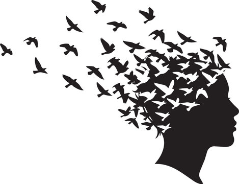 Silhouette profile of a woman's head transforming into a flock of birds against a white background symbolizing freedom and imagination