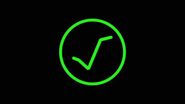 Green check mark icon inside active circle on black background. Successful choice check mark symbol for website form approval. Animated tick graphic.