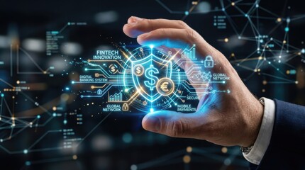 Fototapeta premium Hand holding glowing fintech innovation concept for financial technology and digital banking system, creative visual and modern