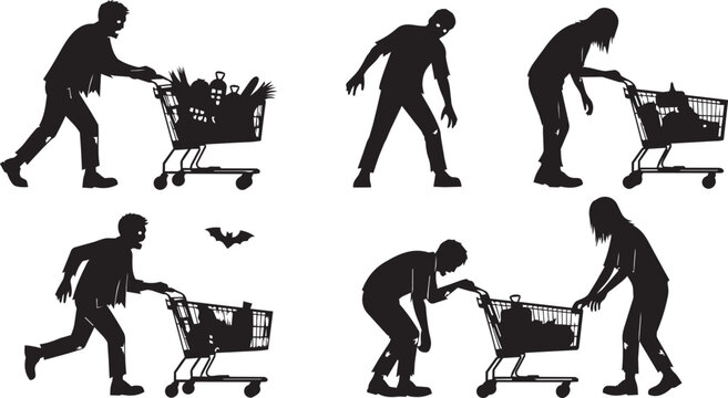 Silhouetted zombies with shopping carts during a grocery store apocalypse concept
