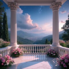Fototapeta premium White marble balcony with flowers overlooks valley town at sunrise. Elegant pillars support terrace roof. Beautiful sky and distant mountains create peaceful scene.