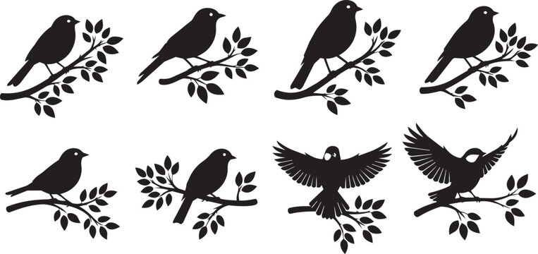 Silhouettes of birds perched on branches and in flight against a white background