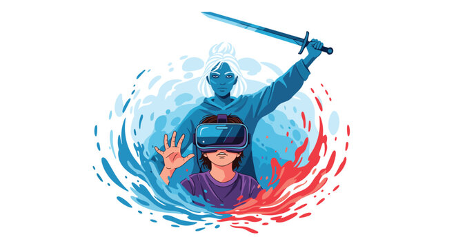 Young child using virtual reality goggles to enter a fantasy world where a heroic female warrior with a sword stands behind them for protection.
