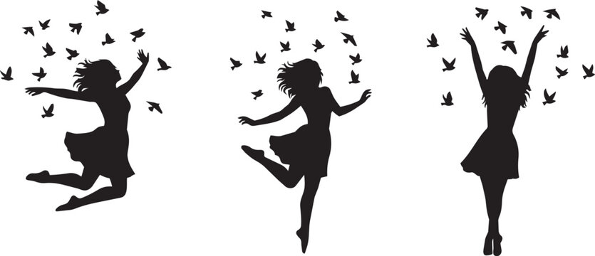 Silhouettes of joyful women dancing with birds in a bright setting symbolizing freedom and happiness