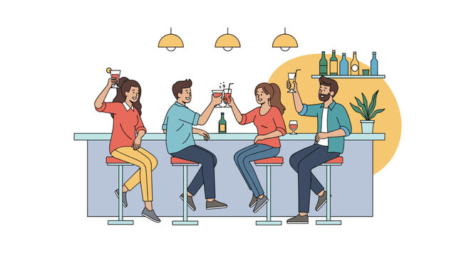 Happy group of friends enjoying drinks and cheering at a modern bar counter with bottles and decorative plants in the background scene.
