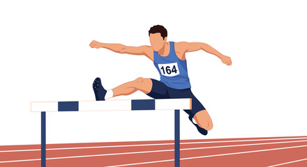 Obraz premium Professional male track athlete wearing a blue jersey and number 164 jumps over a hurdle during a competitive running race.