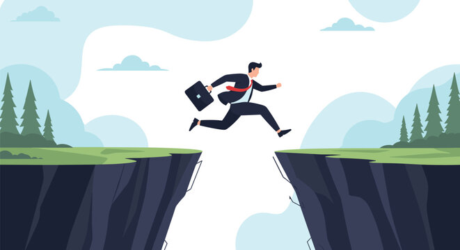 Determined businessman with a briefcase jumping across a deep mountain chasm to reach the other side as a symbol of overcoming obstacles.