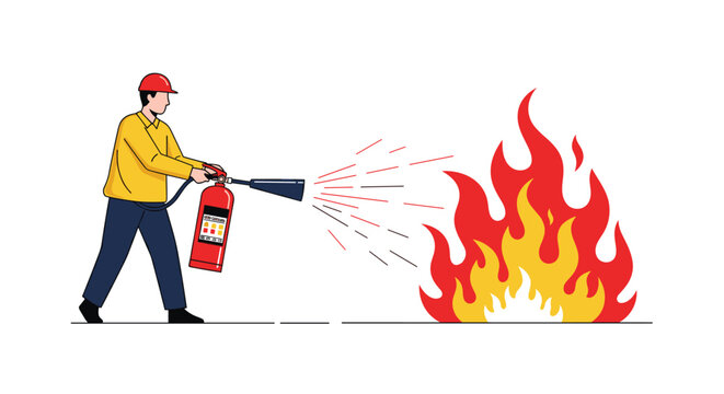Brave firefighter in a yellow protective jacket and red helmet using a red fire extinguisher to put out a large roaring orange fire.