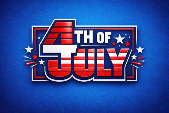 Patriotic 4th of July banner, USA holiday celebration sign, red white blue text on blue background