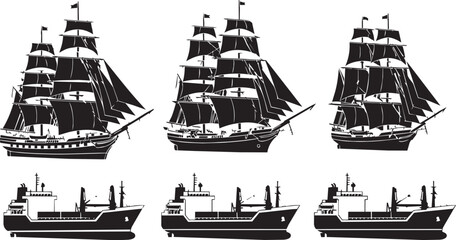 Six sailing and cargo ships in a graphic illustration with clean white background © SD DESIGN STUDIO