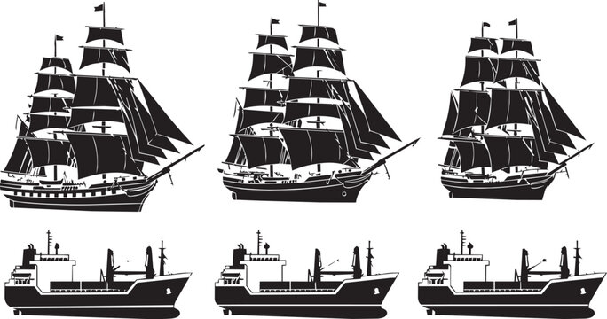 Six sailing and cargo ships in a graphic illustration with clean white background
