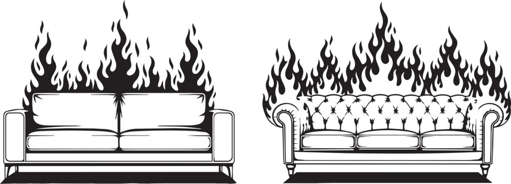 Sofa with flames in a minimalist setting symbolizing disaster and crisis
