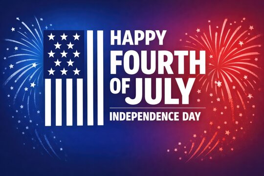Patriotic Fourth of July greeting poster, USA flag and fireworks. Independence Day celebration banner