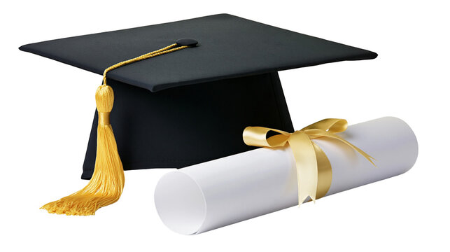 Black graduation cap with golden tassel and diploma scroll tied with ribbon, isolated on transparent background
