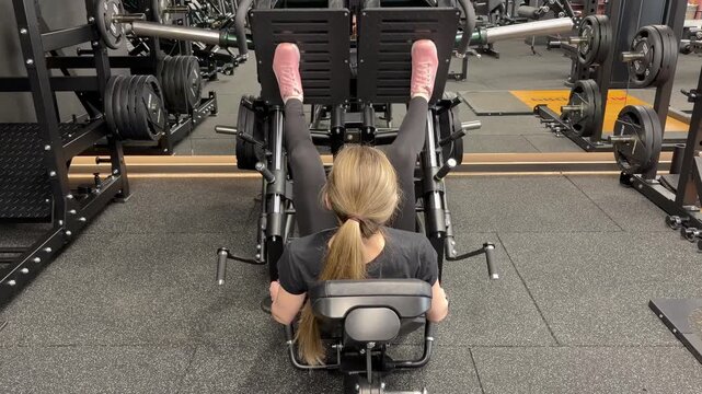 Athletic woman performs a seated leg press exercise, strengthening her legs and lower body on a weighted machine in a modern gym