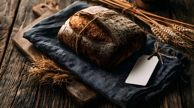 Artisan sourdough bread on wooden counter with blank product tag mockup, autumn baking concept