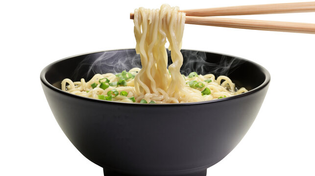 Steaming hot ramen noodles being lifted with wooden chopsticks from a black bowl, isolated on transparent background