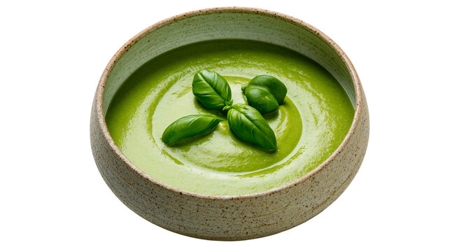 Creamy green soup with fresh basil leaves, isolated on transparent background