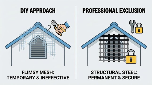 Infographic comparing DIY mesh and professional steel for pest exclusion on a house roof. It highlights temporary versus secure solutions. Useful for pest control services.