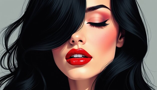 Close up portrait of glamorous woman with long black hair, bold red lipstick. Her eyes are closed, she wears dramatic eye makeup. Digital pop art style illustration conveys sophistication, allure.