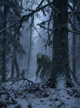 creepy moss monster with glowing eyes standing in snowy winter forest. scary humanoid plant creature hiding among trees in foggy woods. dark fantasy folklore concept. book cover, poster.
