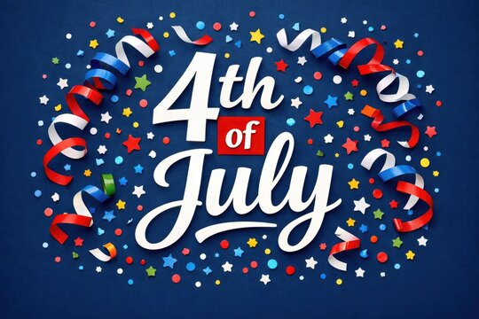 Festive 4th of July greeting, patriotic typography on blue, red and white confetti celebration