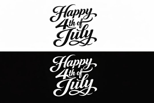 Calligraphy Happy 4th of July lettering, black and white holiday greeting typography for banners