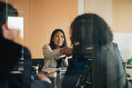 Female business professional shaking hand of corporate partner while finalizing deal during meeting in office