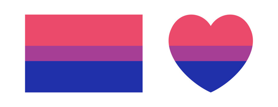 Bisexuality symbol movement lgbt heart, rectangular button, badge. Bisexual flag sticker, icon in heart, rectangle shape. Set of design elements of sexual minorities.