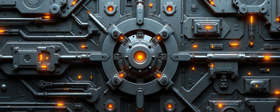 Complex metallic machinery surface with glowing orange circuits and pipes. Intricate industrial sci-fi texture with mechanical details. Futuristic technology background.