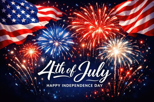 Patriotic 4th of July fireworks photo, American flag background, happy Independence Day celebration