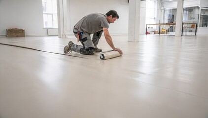 Fototapeta premium Craftsman smoothing sheet vinyl flooring across an open studio space highlighting the materials seamless finish and clean edges.
