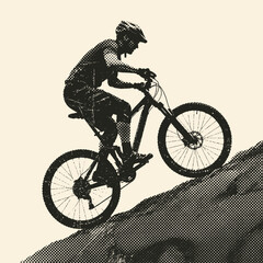Obraz premium mountain biker riding uphill halftone silhouette illustration